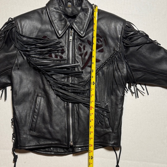 Rose Suede Inlay Black Leather Fringe Braided Moto Biker Jacket High Quality M/L - Picture 8 of 16